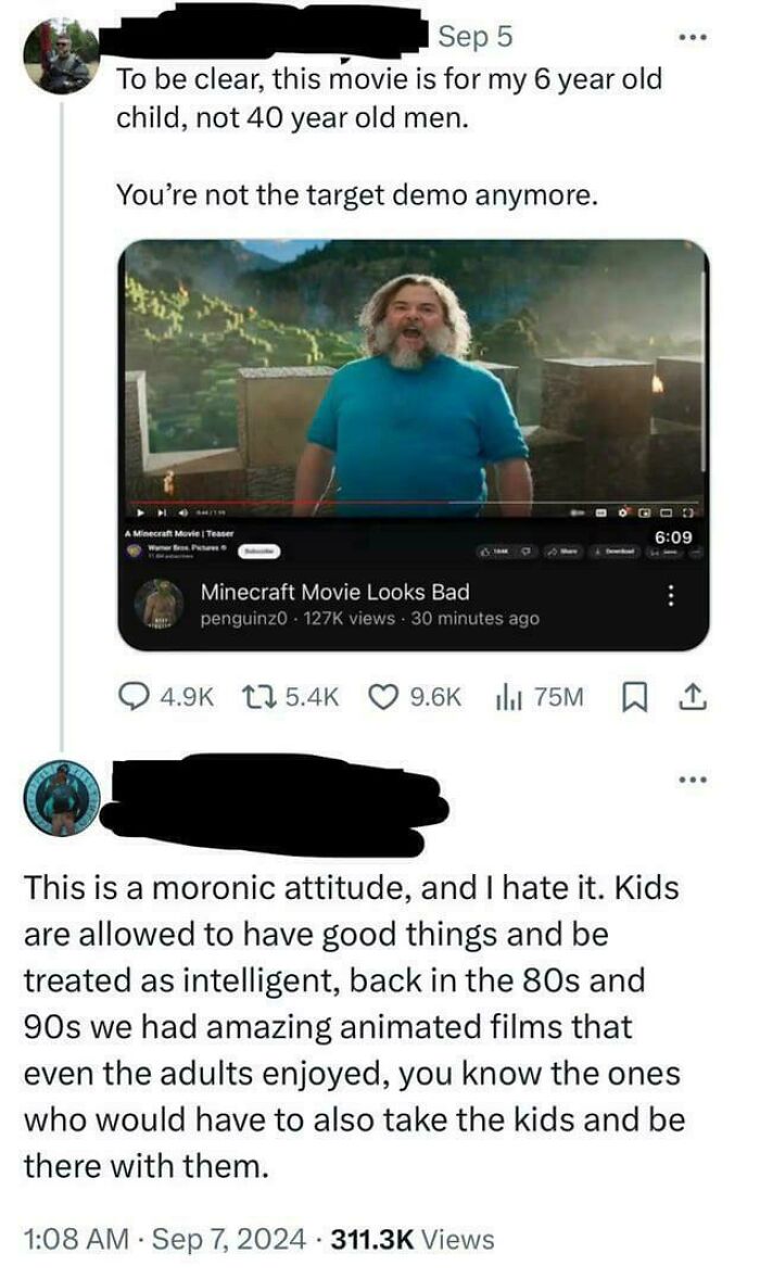 Social media post mocking nostalgia and tolerance about kids' movies, illustrating rose tinted tolerance debate online.