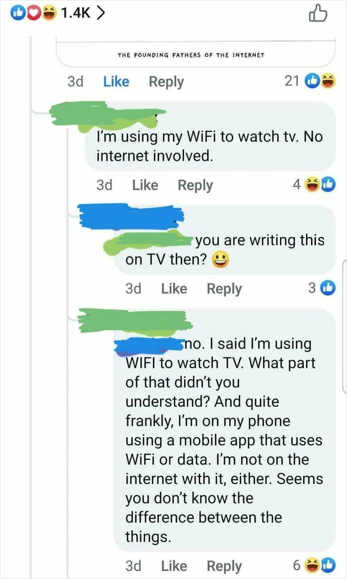 Facebook comments showing misunderstanding of WiFi and internet, illustrating moments when people's brains gave up on thinking.