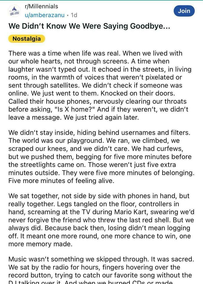 Reddit post reflecting on nostalgia and rose tinted tolerance for past times before digital screens and online communication.