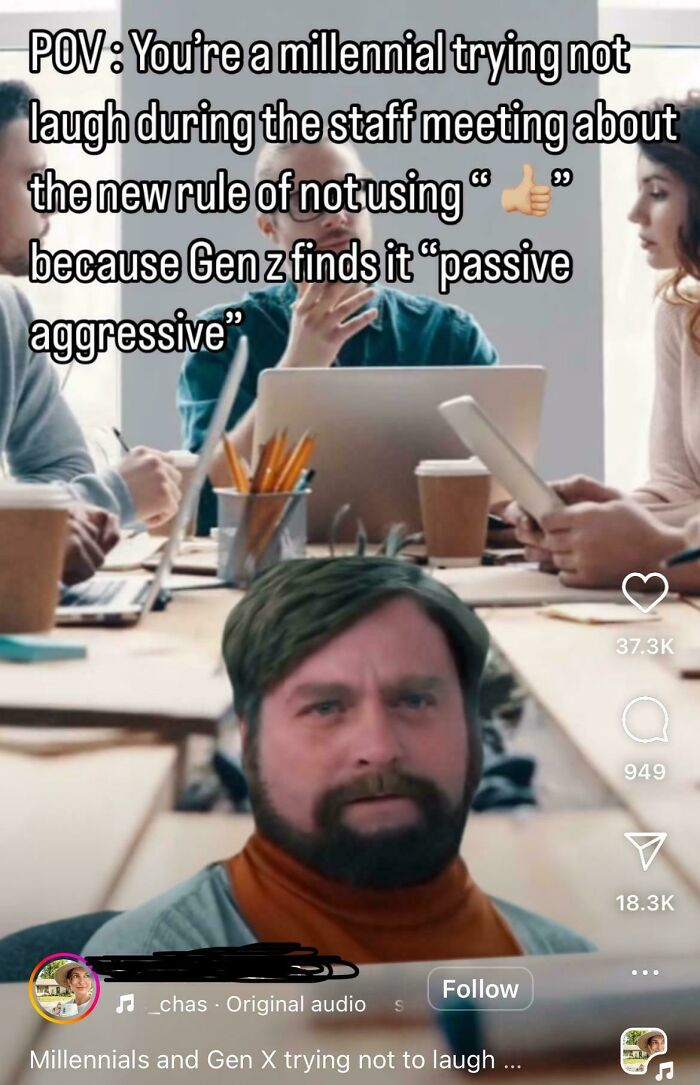 Office scene showing millennials and Gen Z in a meeting, highlighting nostalgia taken too far with emoji rule debate.