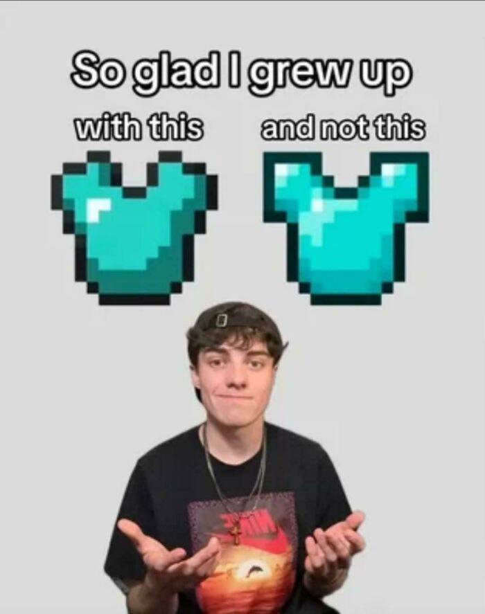 Young man comparing nostalgic pixelated game armor with modern version, highlighting rose tinted tolerance in gaming culture.