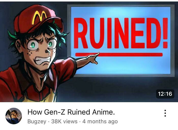 Anime-style character in a fast-food uniform pointing at a screen with the word ruined, mocking nostalgia gone too far.