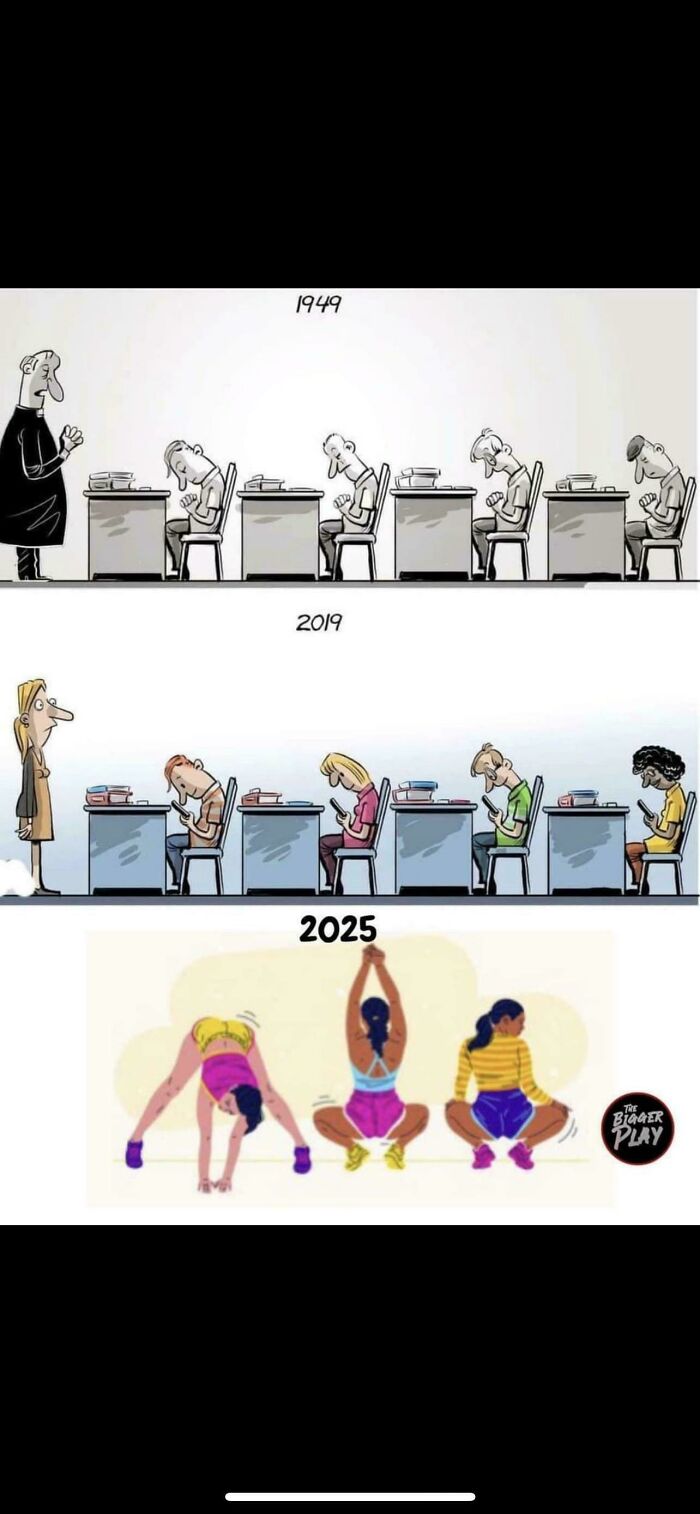 Classroom scenes from 1949 and 2019 show students sitting, while 2025 depicts people exercising, highlighting rose tinted tolerance and nostalgia.
