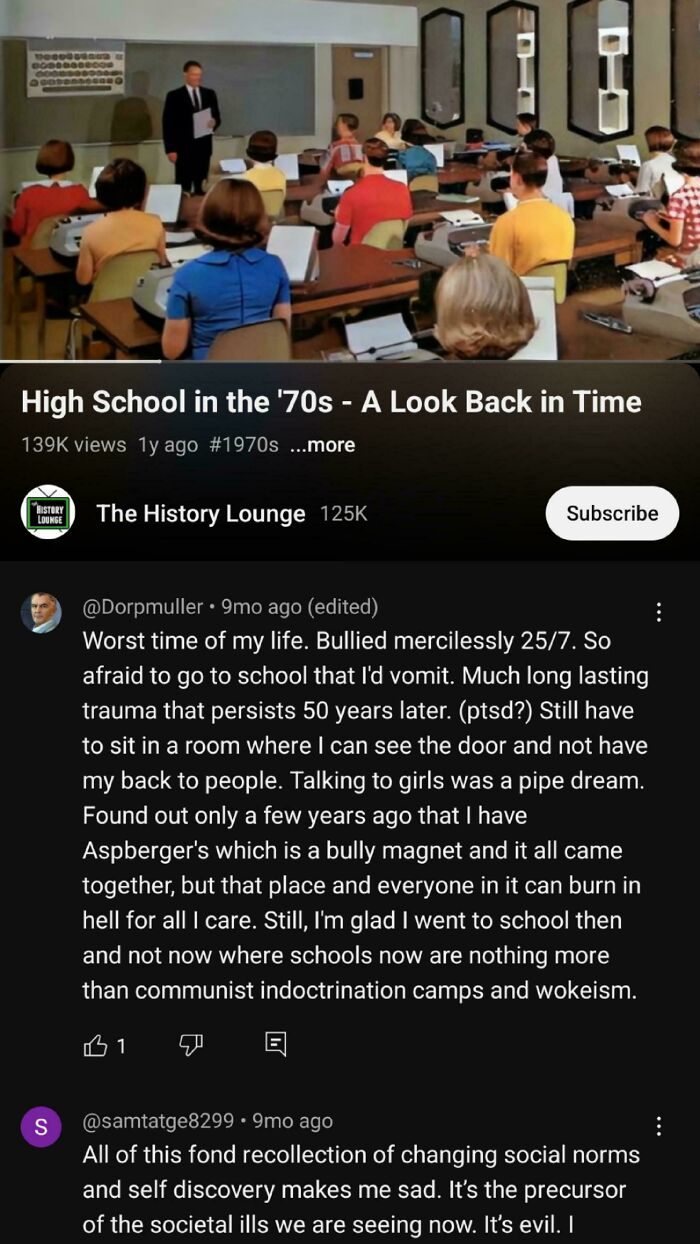 1970s high school classroom scene illustrating rose tinted tolerance and nostalgia taken too far online.