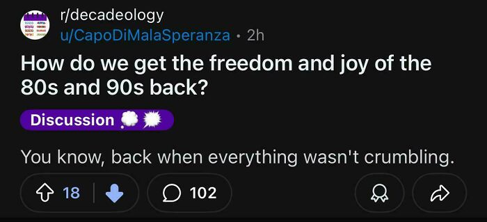 Reddit post discussing nostalgia for the 80s and 90s reflecting rose tinted tolerance and online mockery.