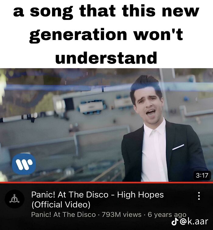 Screenshot of Panic! At The Disco's High Hopes video emphasizing nostalgia and rose tinted tolerance humor online.