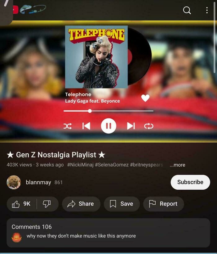 Music playlist titled Gen Z Nostalgia playing Telephone by Lady Gaga featuring Beyonce on a streaming app.