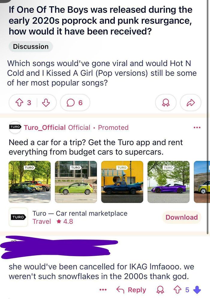 Reddit discussion about nostalgia and poprock with comments mocking rose tinted tolerance online.