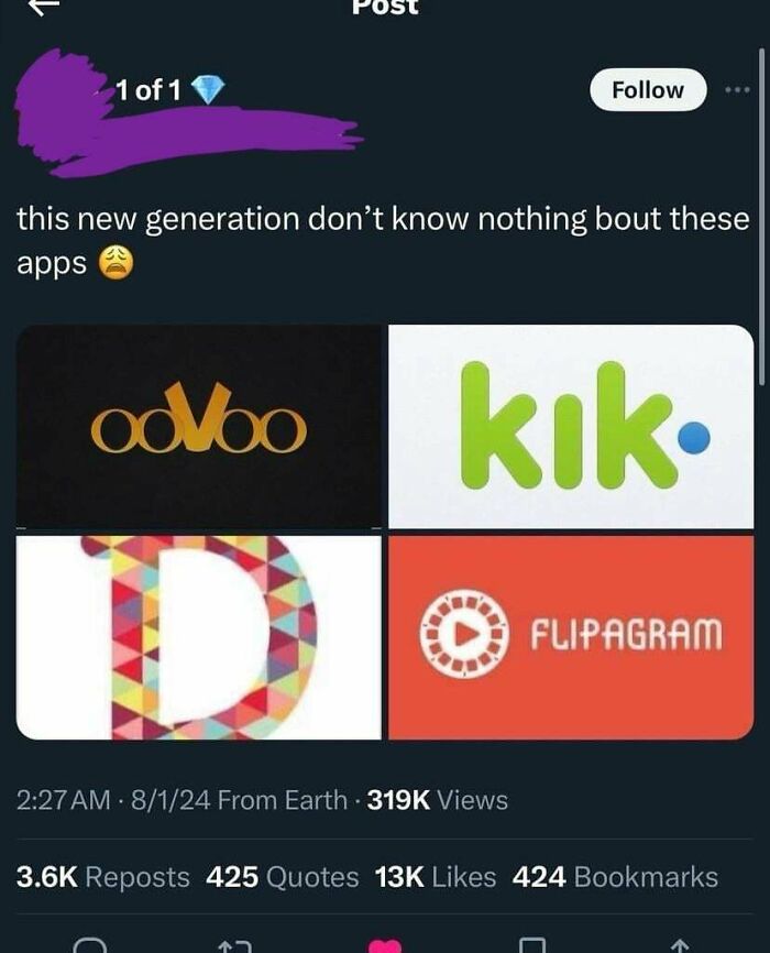 Social media post mocking new generation for not knowing old apps like ooVoo, Kik, and Flipagram in nostalgia humor.