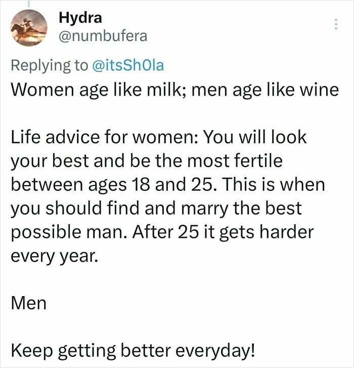 Sexist tweet comparing women’s aging to milk and men’s aging to wine, reflecting sexist attitudes about women and men.
