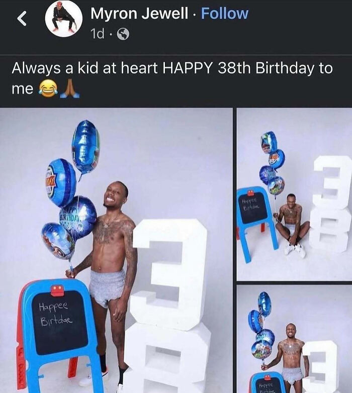 Man posing for cringey birthday photo with balloons and large foam numbers 3 and 8 in humorous Instagram post.