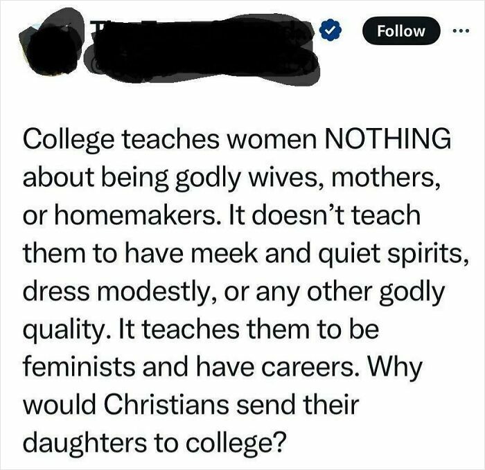 Tweet criticizing college teachings, expressing sexist views about women, related to men that are sexist and harmful near women.