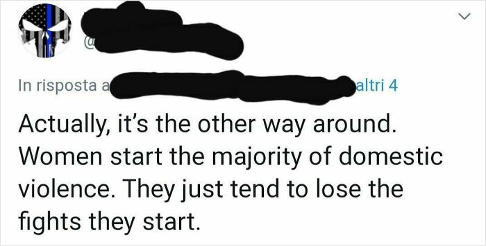 Screenshot of a sexist tweet claiming women start most domestic violence, illustrating harmful sexist attitudes in online posts.
