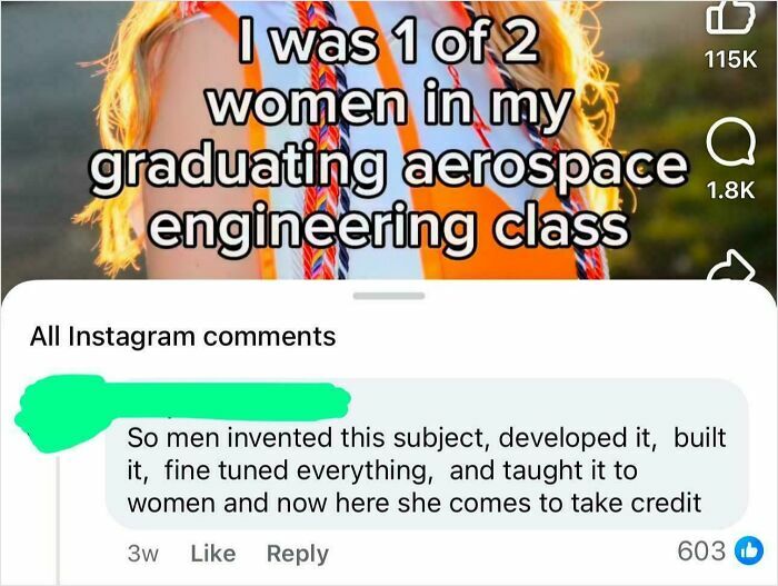 Woman shares being one of two in aerospace class, highlighting issues related to sexist men near women in STEM fields.