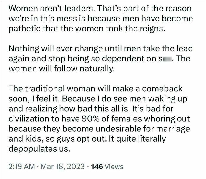 Alt text: Screenshot of a sexist social media post blaming women and praising traditional gender roles, reflecting sexist men views.