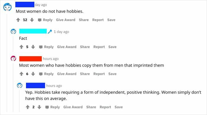 Screenshot of online comments displaying sexist opinions about women and hobbies, highlighting sexist men’s toxic behavior.