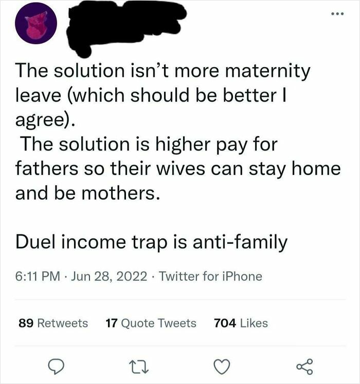 Screenshot of a sexist tweet suggesting higher pay for fathers so their wives can stay home, reflecting sexist attitudes.