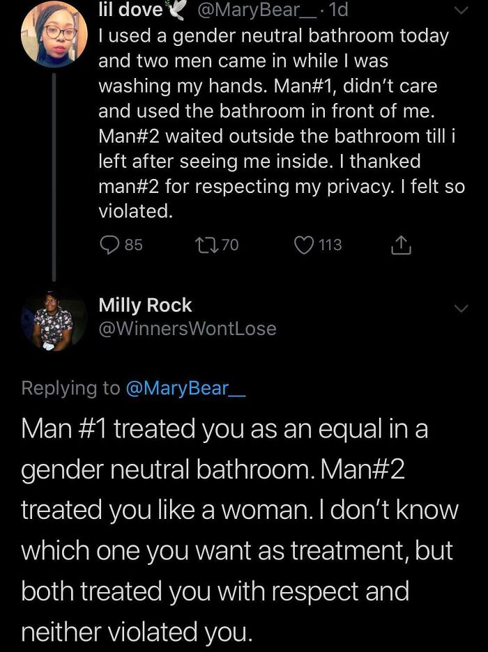 Screenshot of a Twitter exchange addressing respect and privacy involving women being called out for being jerks online.