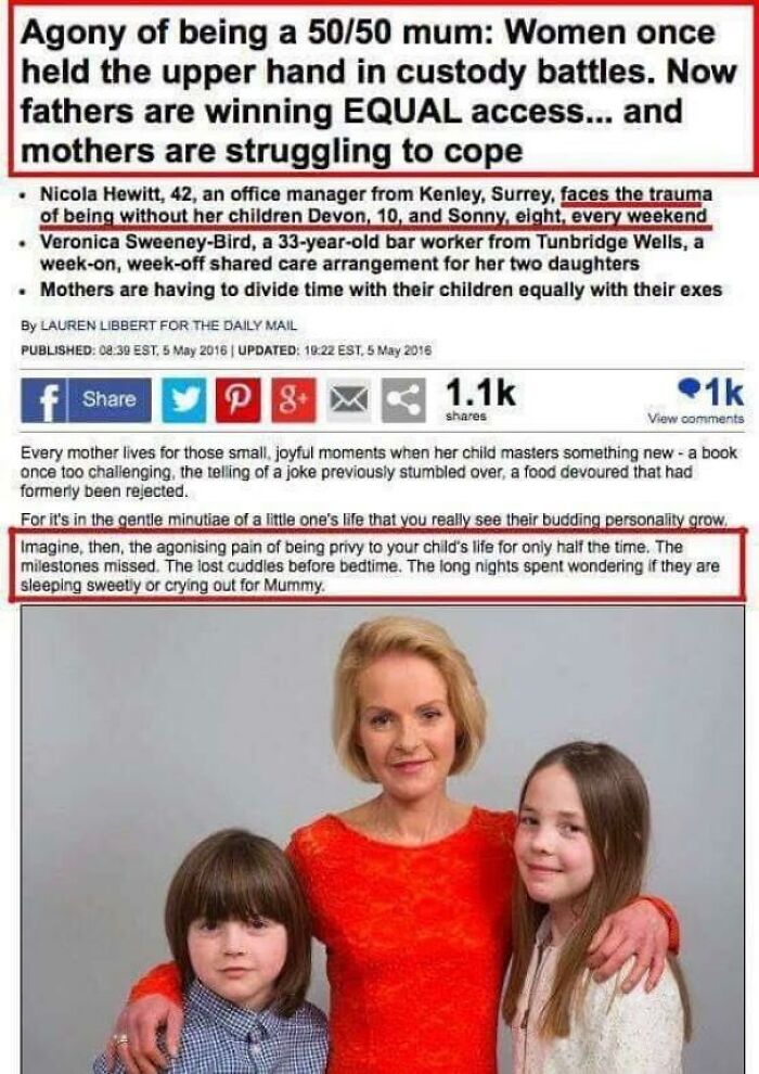 Screenshot of an article discussing challenges faced by women in shared custody battles with their children.