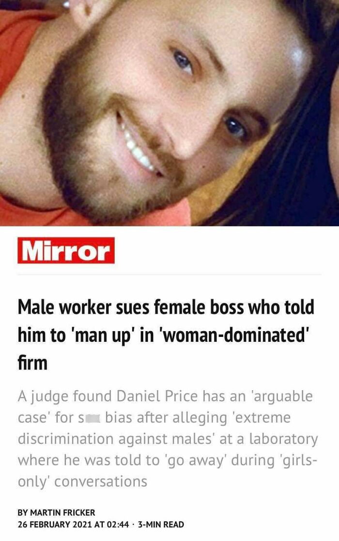 Screenshot of a news article about a male worker suing female boss highlighting women being called out for being jerks online.