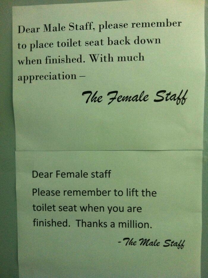Two printed notes from female and male staff arguing about toilet seat placement, highlighting online jerks behavior.