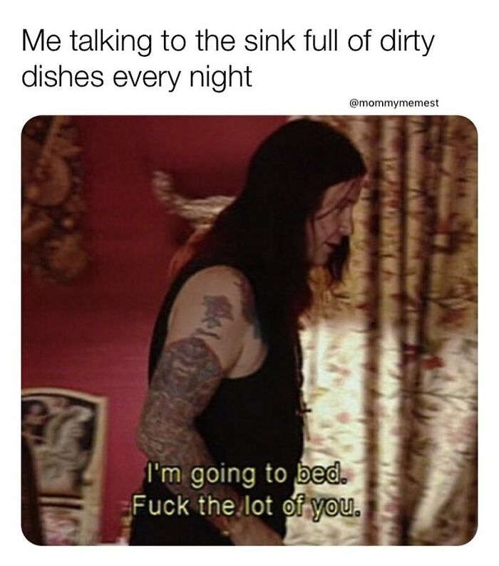 Parent dealing with dirty dishes every night, sharing funny parenting memes that are painfully relatable on Instagram.