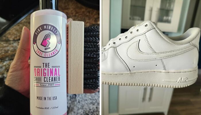 Shoe cleaner bottle and brush held next to a clean white Nike Air sneaker, illustrating ways to ditch the slob life.