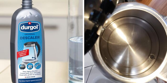 Bottle of descaler next to a glass of water and a clean stainless steel kettle interior for ditching the slob life.