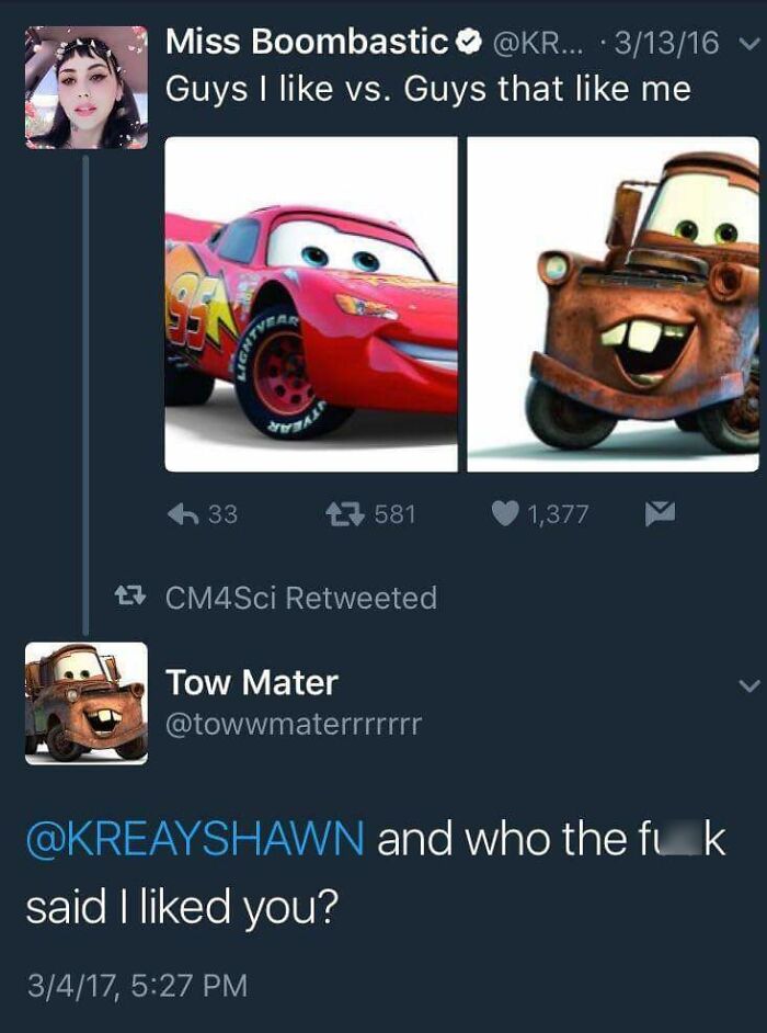 Tweet exchange showing Cars characters with a sarcastic reply, fitting the theme of women being called out for being jerks online.