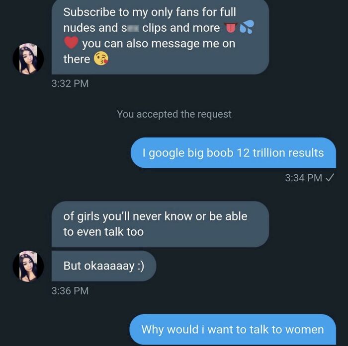 Screenshot of a woman being called out online in a chat conversation for promotional messages and rude replies.