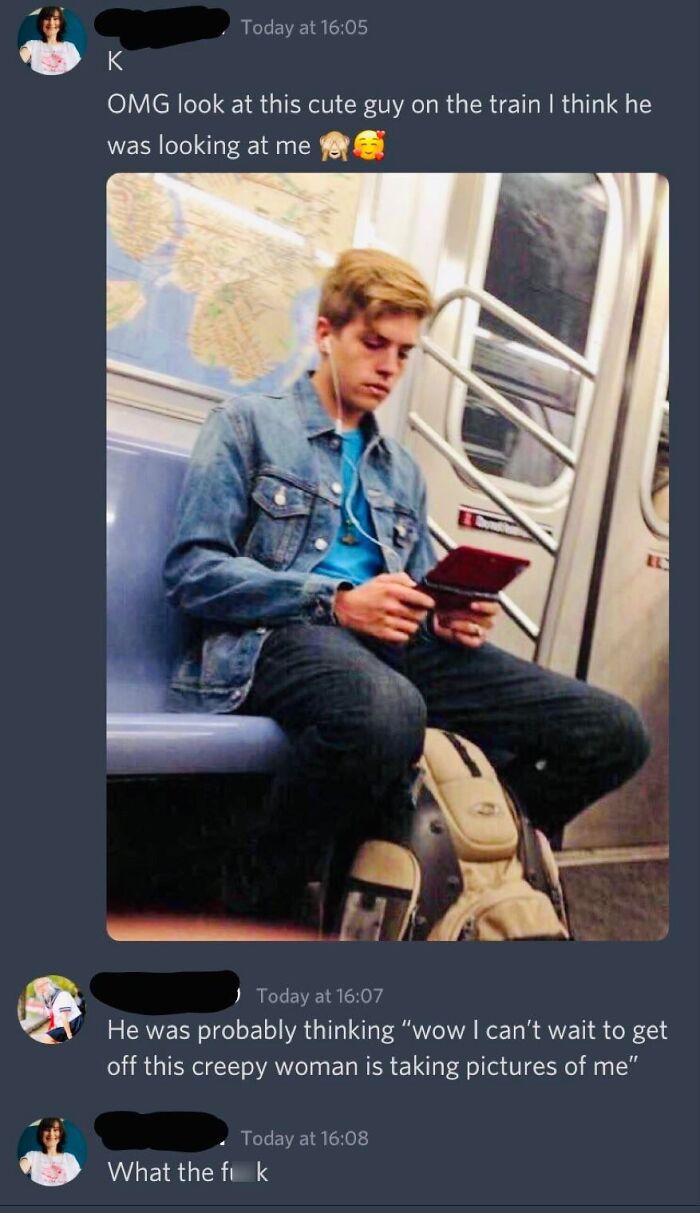 Online screenshot showing a woman being called out for being a jerk after taking a picture of a man on the train.