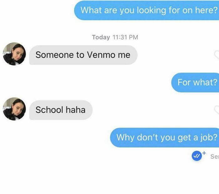 Screenshot of a woman being called out online asking for money instead of getting a job in a candid chat conversation.