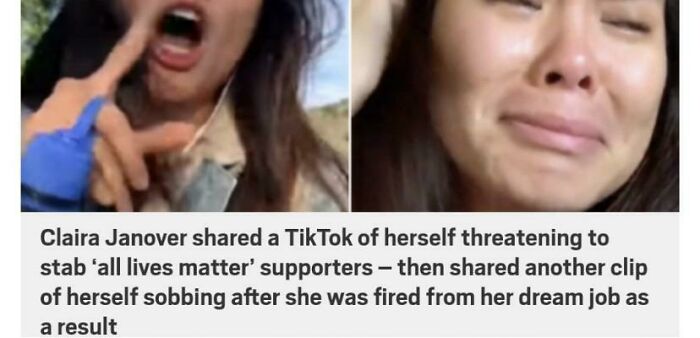 Two screenshots showing a woman threatening supporters and later crying, illustrating women being called out for online behavior.