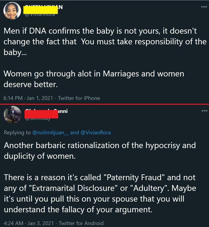 Screenshot of Twitter exchange showing women being called out for being jerks online with debates about paternity and responsibility.