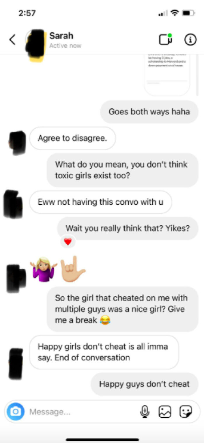 Screenshot of online chat conversation showing women being called out for toxic behavior and cheating in a jerk online exchange.