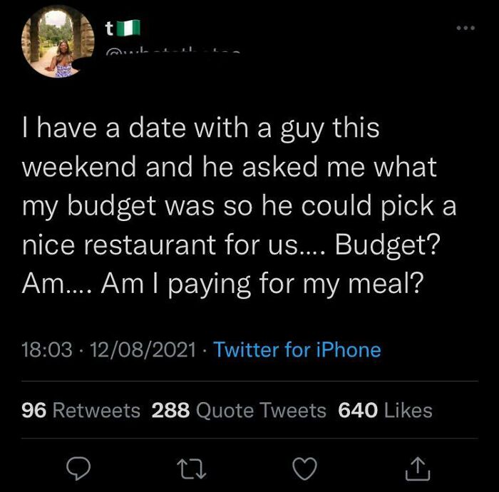 Screenshot of a tweet showing a woman’s reaction to being asked about her budget on a date, highlighting online jerks.