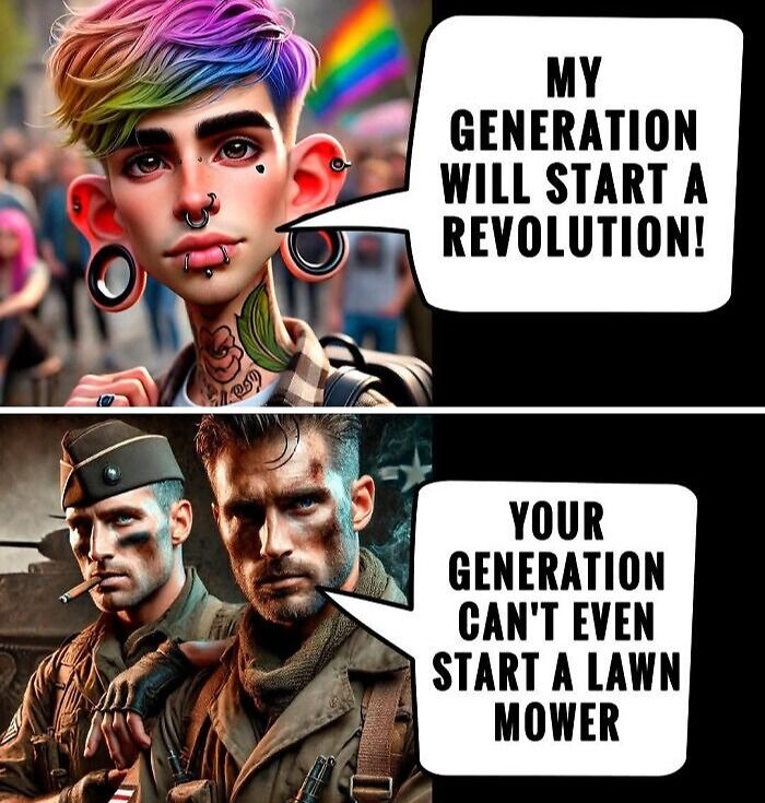 Two contrasting generations, one claiming revolution and the other mocking with nostalgia and tolerance online.