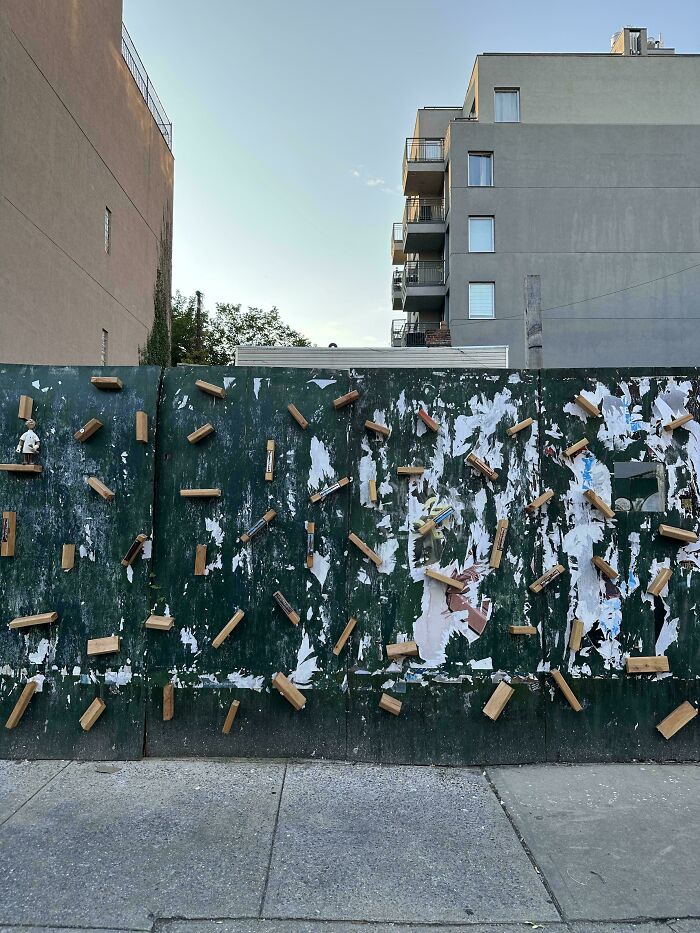 Wooden blocks attached to a green wall in an urban setting, showcasing clever ways people solved overlooked issues.