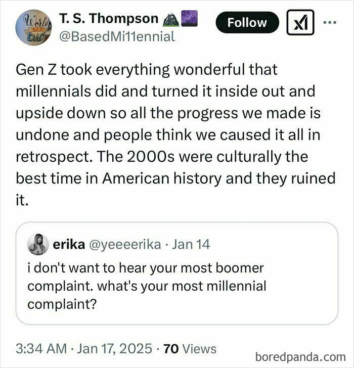 Tweet debating millennial and Gen Z culture clash, highlighting nostalgia and tolerance as main discussion points online.