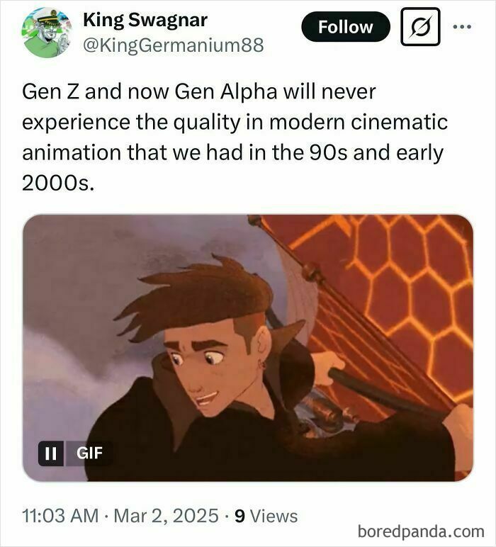 Tweet about Gen Z missing the quality of 90s and early 2000s cinematic animation, related to rose tinted tolerance.
