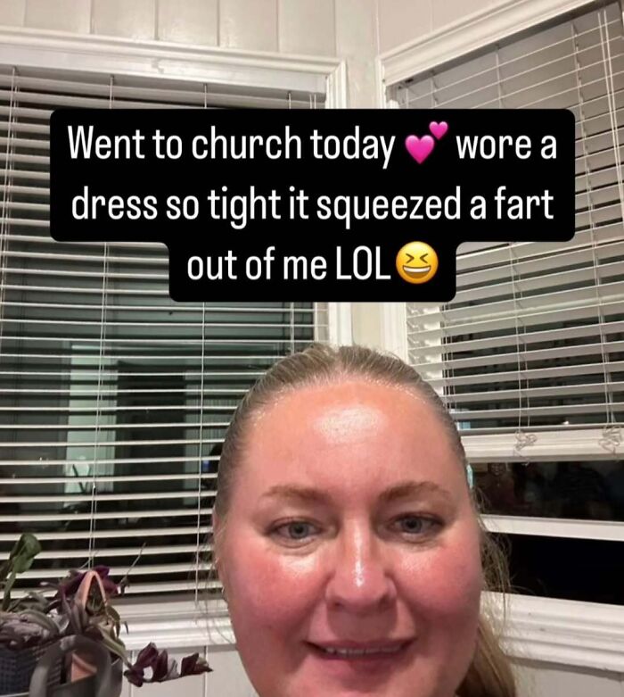 Close-up selfie of a woman with text overlay about a cringey moment in a tight dress, shared on a popular Instagram account.