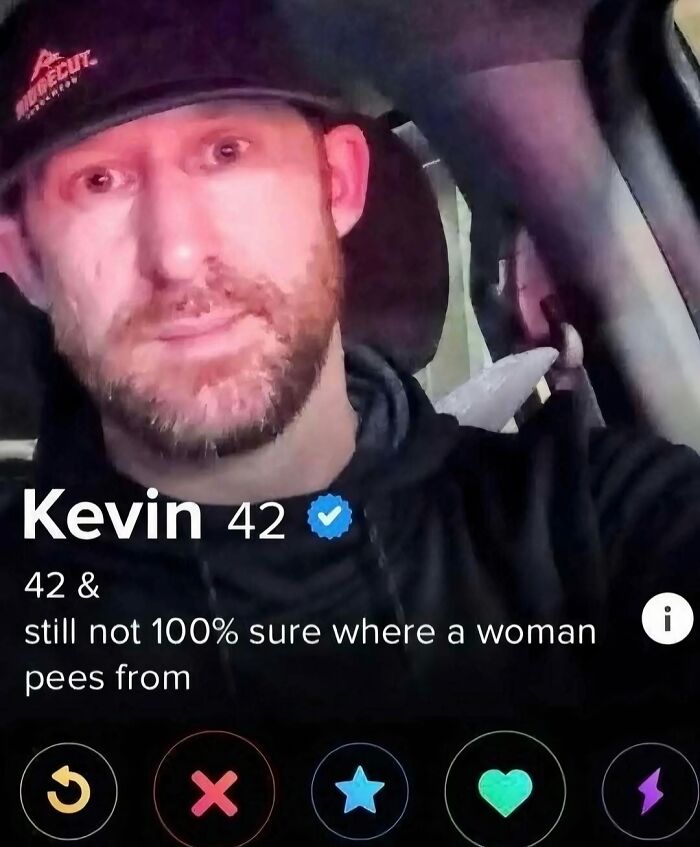 Man in a cap sharing a cringey picture with humorous text about confusion on where a woman pees on social media.