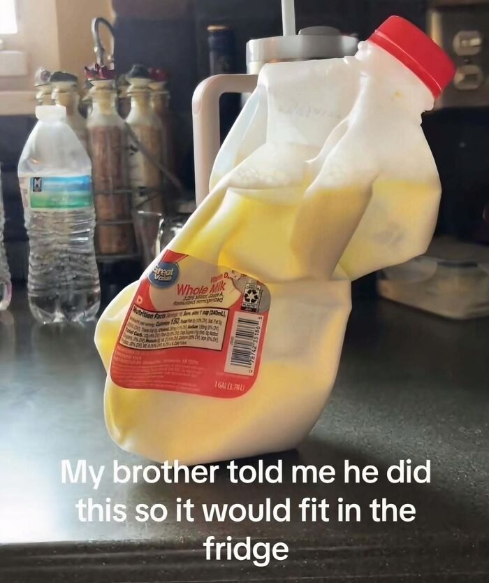 Plastic milk jug crushed to fit in the fridge, showcasing a cringey picture shared on an Instagram account.