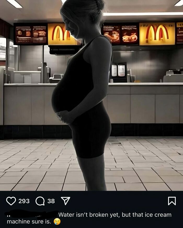 Pregnant woman posing inside a fast food restaurant, featured in cringey pictures shared on Instagram.