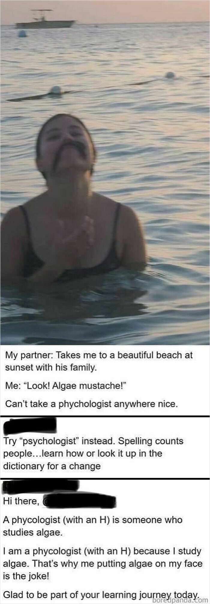 Woman in water with algae on face resembling a mustache, illustrating a humorous brain fail moment about bacteria and algae.