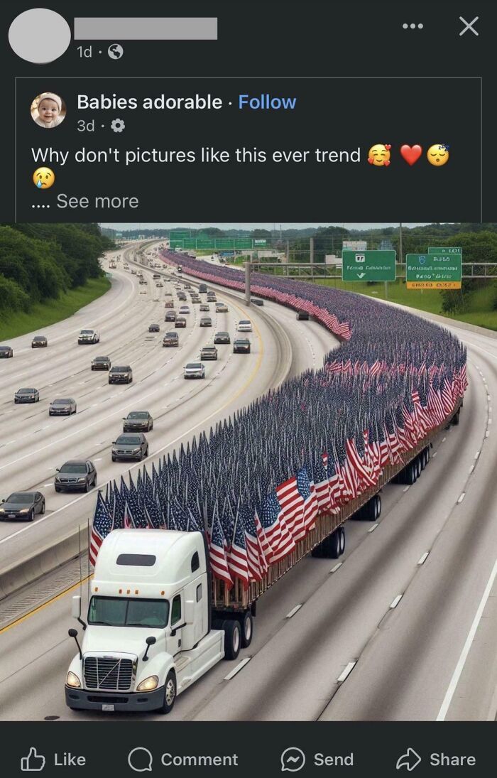 White truck carrying hundreds of American flags on a highway, illustrating surprising and unusual brain thinking moments.