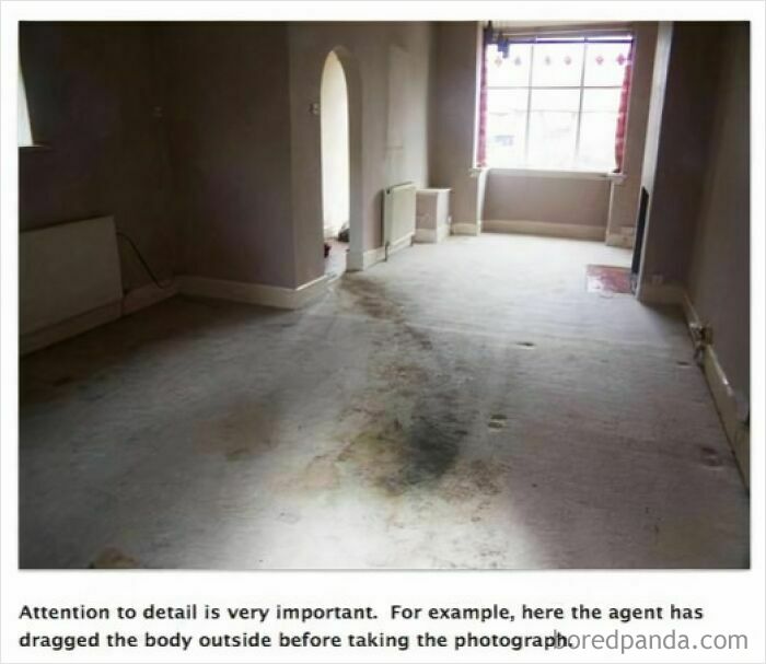 Empty room with dirty carpet and stained floor, an example of worst real estate photos ever in neglected homes.