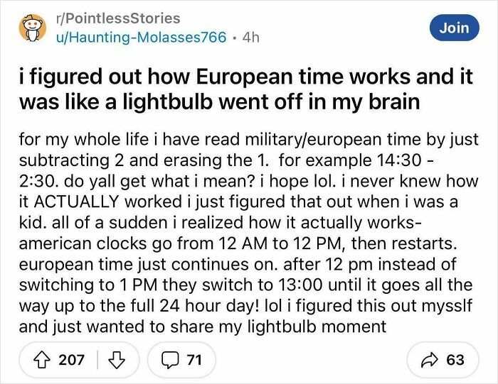 Reddit post from r/PointlessStories explaining a lightbulb moment about how European time and 24-hour clocks work.