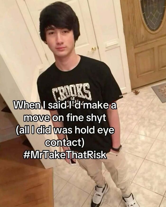 Teen boy standing indoors in casual clothes with cringey text overlay about making a move on Instagram post.