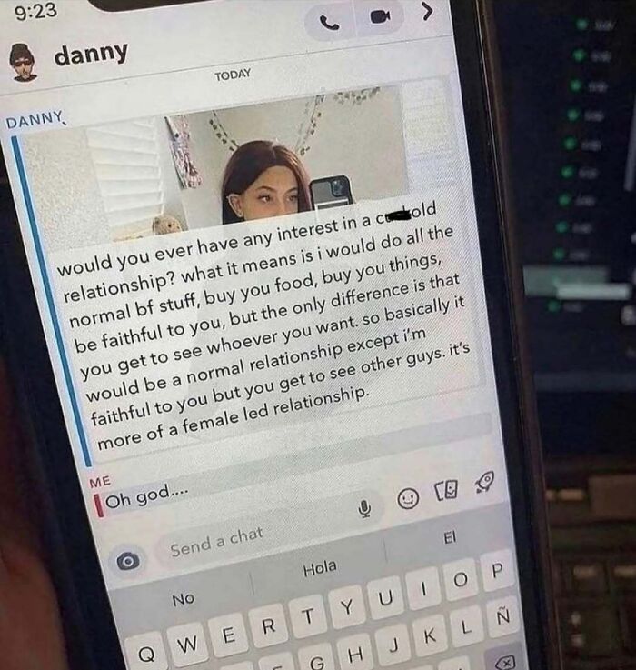 Screenshot of a cringey Instagram message offering a female-led relationship with unusual terms.